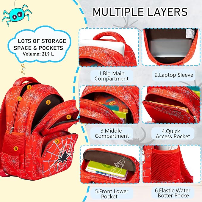Boys Backpack with Lunch Box Glow in Dark Bookbag Kids Ages 4-12 Kindergarten Elementary Middle School Spider Backpack, Luminous Spider Red