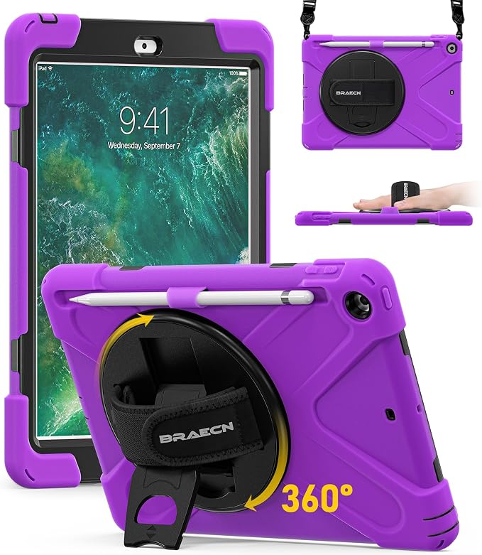 BRAECN Case for iPad 6th/5th Generation - 9.7 inch 2018/2017 Black | Protective Heavy Duty Shockproof Rugged Cover for Kids/Adults 360° Rotating Hand Strap/Stand &amp Detachable Shoulder Strap