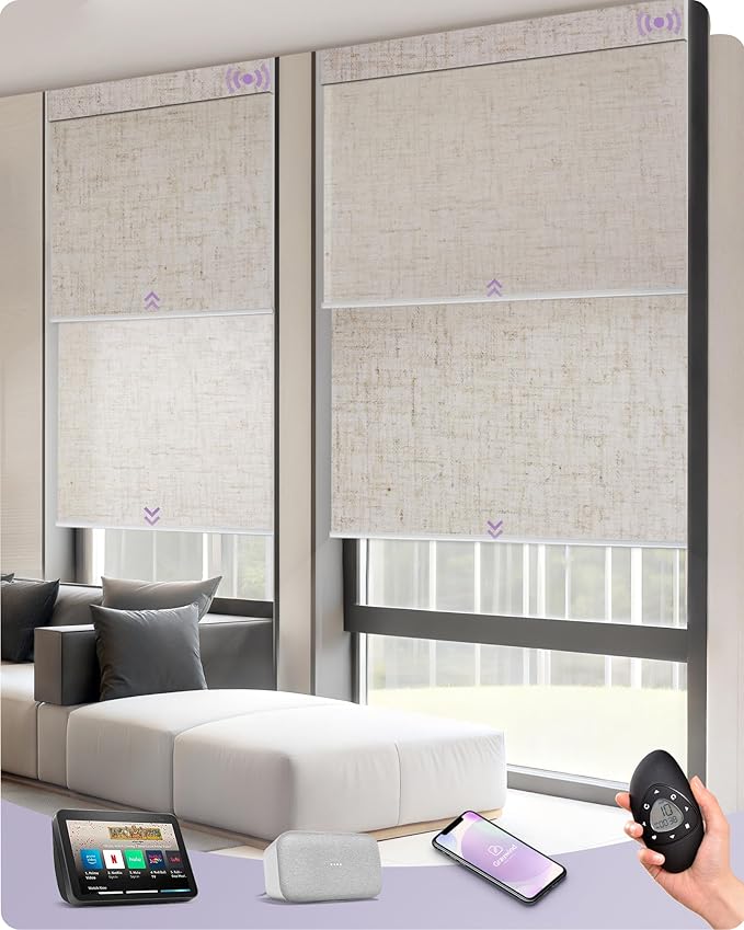 Graywind Motorized Dual Shades for Windows Smart Double Blinds Blackout and Light Filtering Motorized Blinds with Remote Alexa Google Control Day Night Shades, Custom Size (Blackout Linen Beige)