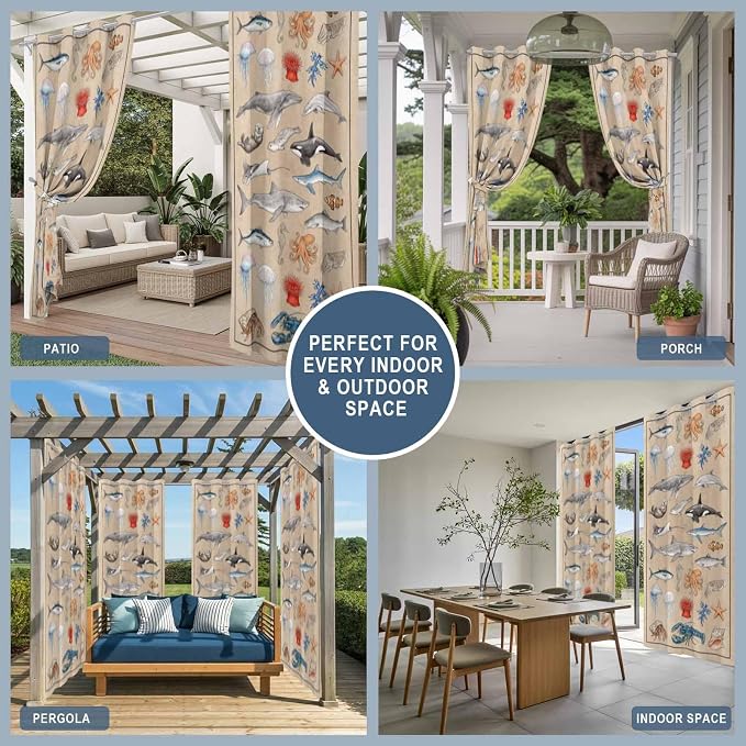 Vintage Outdoor Curtains for Patio Sharks Whales Lobsters Biographies