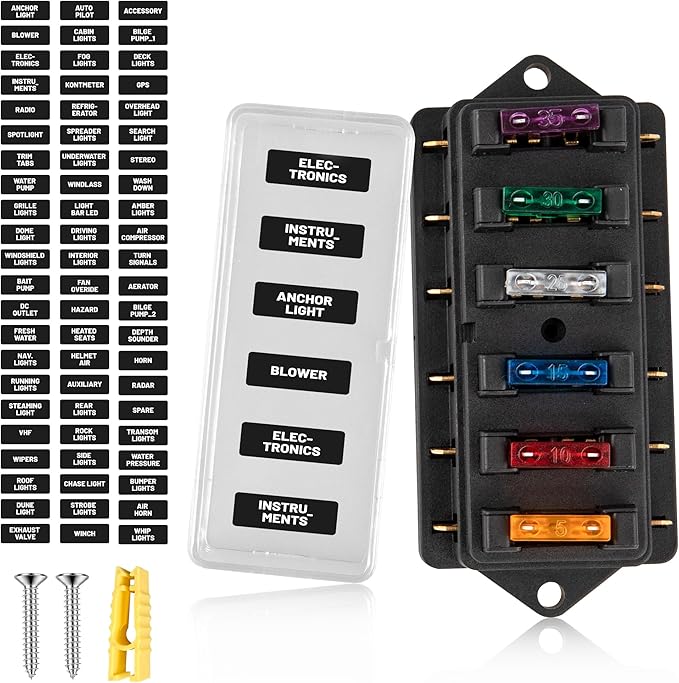 RED WOLF 6 Way Fuse Block Blade Fuse Box with Standard Circuit Fuses for Boat Marine Vehicle Auto RV Car Trailer Truck SUV Power Distribution Panel Waterproof Cover DC 10-32V