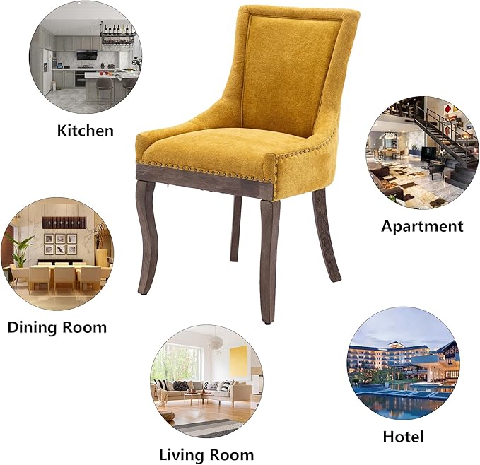 Farmhouse Dining Chairs Set of 2, Upholstered Fabric Dining Room Accent Chairs with Wood Legs & Bronze Nailhead, High Wingback Kitchen Chairs for Living Room Hotel Apartment, Golden Yellow