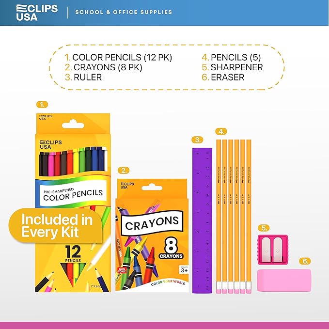 E-CLIPS USA Back to School Supplies Kit for Kids School Supplies Set School Supply Kit Colored Pencils For Kids Color Pencil Set Crayons Bulk for Classroom Wooden Pencil #2 (24 Pack)