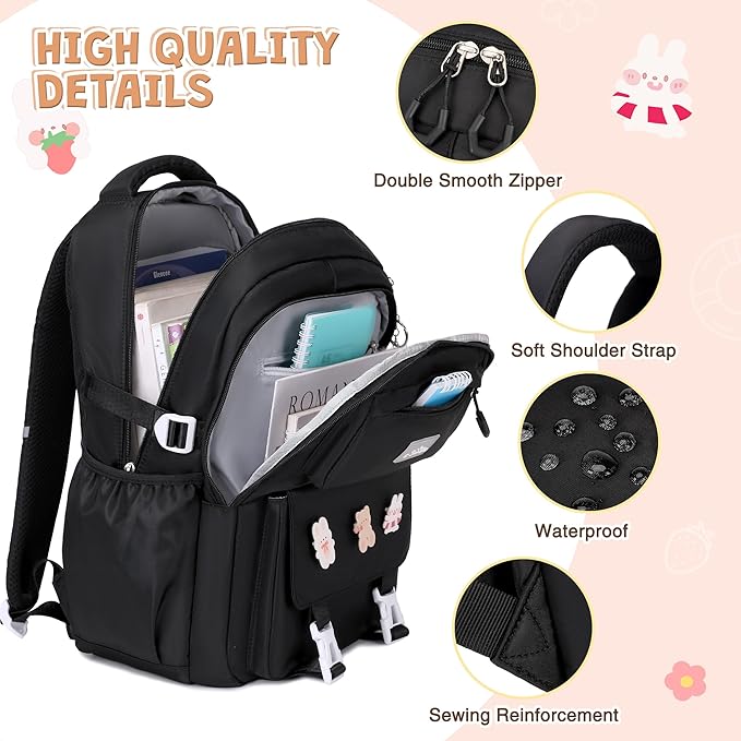 3PCS Girls Backpack for School, Kids Backpack for Girls with Lunch Box Pencil Case Set for Teen Girl Elementary Primary Middle High College School Bookbag with Cute Pins (Black)