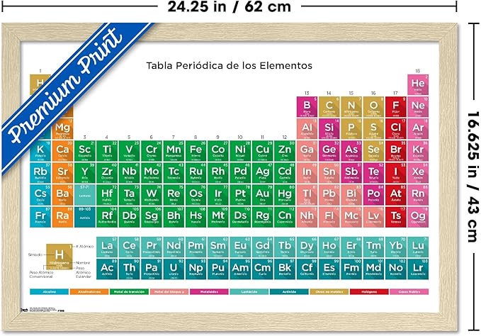 Periodic Table Of Elements - Spanish Wall Poster, 22.4L" x 14.7W", Blonde Framed Version