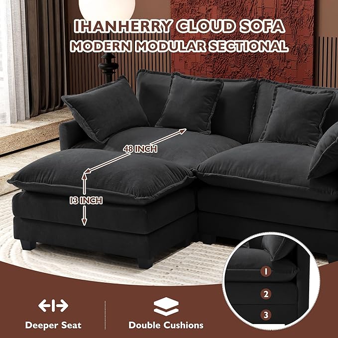 Ihanherry U-Shaped Modern Sofa 111.4" Modular Sectional Cloud Couch with 2 Ottoman, 5-Seat Chenille Deep Seat Sofa with 5 Pillows for Living Room, Black