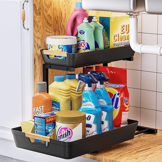 Under Sink Organizer, 2 Tier Adjustable Height Under Sink Organizers and Storage, L-Shaped Slide Out Pull Out Cabinet Organizers for Bathroom Kitchen Pantry(1 Pack, Black)