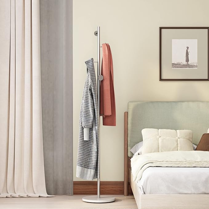 Silver Coat Racks, Metal Coat Rack Freestanding with Hooks, Entryway Coat Rack Stand, Coat Racks with Marble Base, Coat Tree for Hanging Clothes, Hats, Bags