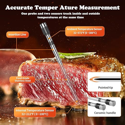 PRAVETTE Wireless Meat Thermometer-Multi Sensors Digital Food Thermometer with Ultra-Thin Probes, Accuracy Smart Bluetooth Meat Thermometer for Steak, BBQ, Oven, Grill, Smoker (4 Probes)