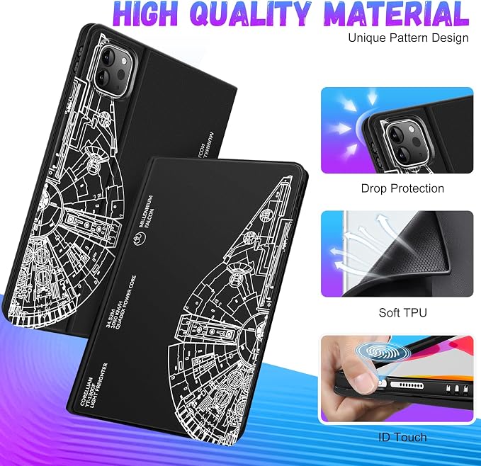 Uppuppy for iPad Pro 12.9 Case Kids Folio PU Leather Cover with Apple Pencil Holder Auto Sleep/Wake Adjustable Angles for iPad Pro 12.9 6th/5th/4th/3rd Gen Sun Moon Black