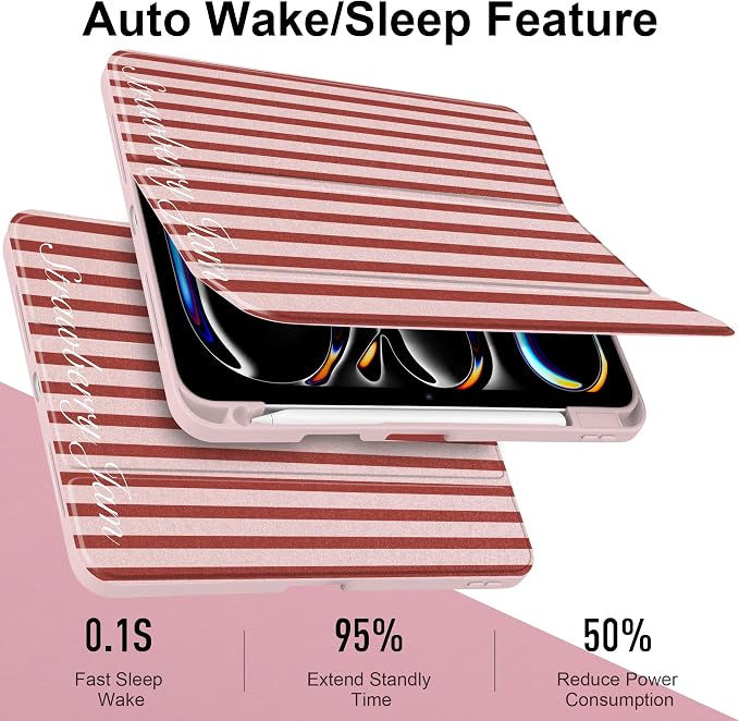 Case for iPad Pro 11 inch M5 2025 /M4 2024 Blue Ribbon Stripe | Blue Ribbon Stripe Folio Case with Clear Back Pencil Holder Trifold Stand and Auto Sleep/Wake for Preppy Aesthetic Users