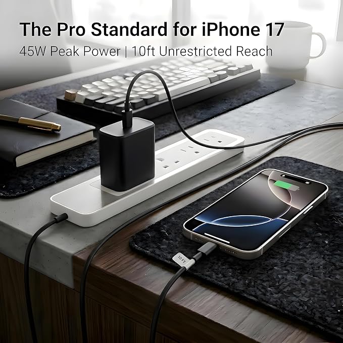 TT&ampC 45W USB-C Fast Charger &amp 10ft Extra-Long Cable (2-Pack) – High-Speed Power Adapter Compatible with Apple iPhone 17 16 15 Pro Max iPad Pro Air &amp MacBooks – Black