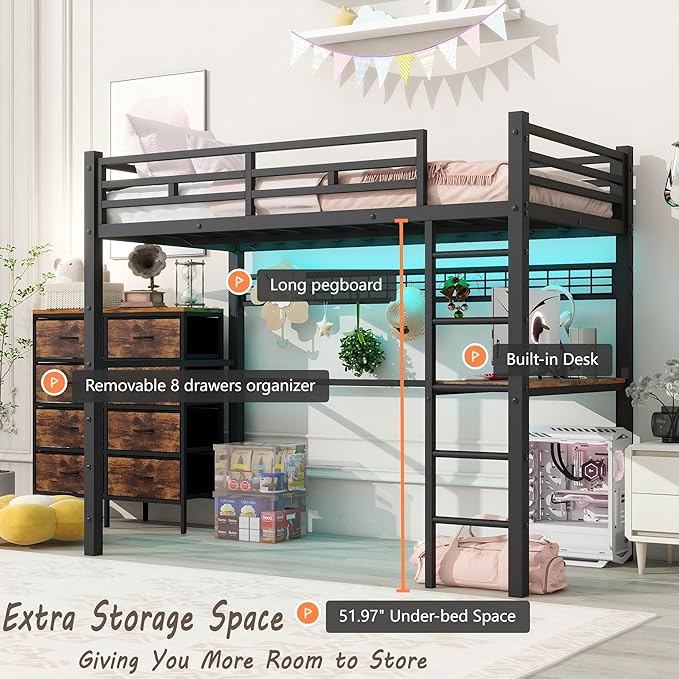 Loft Bed Twin Size with Desk, 8 Storage Drawers, Power Outlet, LED Metal Loft Bed with Storage Shelve, Bed with Safety Guardrail & Ladders,Space-Saving,Black