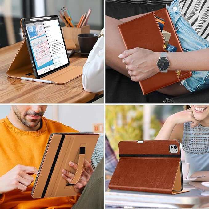 DTTO for iPad Pro 13 Inch Case (M5) 2025 / (M4) 2024 Brown | Premium Leather Business Cover with Pencil Holder Hand Strap &amp Pocket Corner Protection Auto Sleep/Wake Multiple Angles