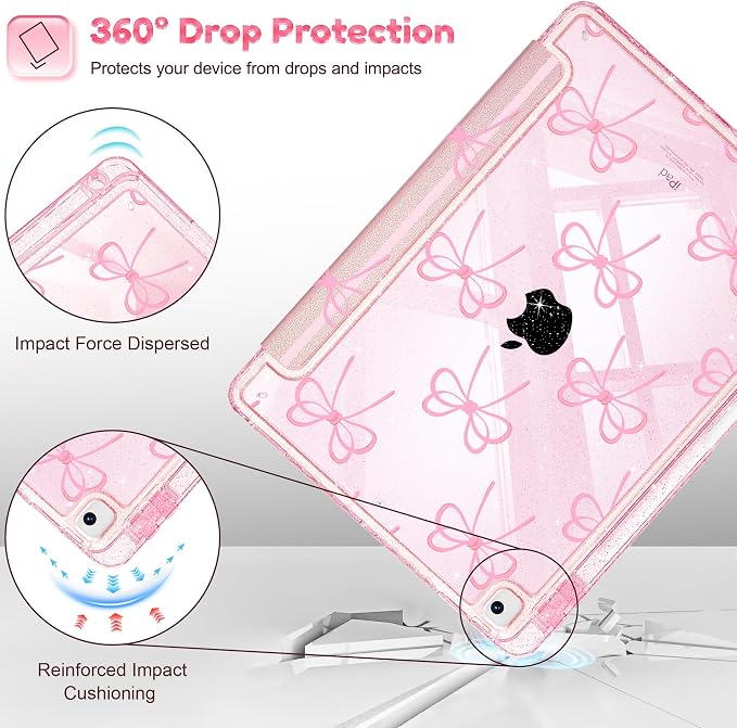 Mektron Sparkly Case for iPad 10.2 inch Glitter Tablet Cases for iPad 9th Gen 2021/8th Gen 2020/7th Gen 2019 Cover with Shiny Clear Back Shell Foldable Bling Smart Cover Blue Floral