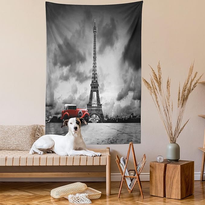 Ambesonne Eiffel Tower Tapestry Queen Size, Image of Eiffel Tower Paris France Vintage Car Street Dark Clouds, Wall Hanging Bedspread Bed Cover Wall Decor, 88" X 88", Black Red