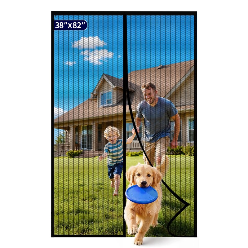 Kitsure Magnetic Screen Door - 38.0'' x 82.0'' Retractable Screen Door Mesh for Entry Door or Sliding Door, Pet & Kid Friendly, Hands-Free Closure Keeps Bugs Out & Lets Breeze in, Stripe Black