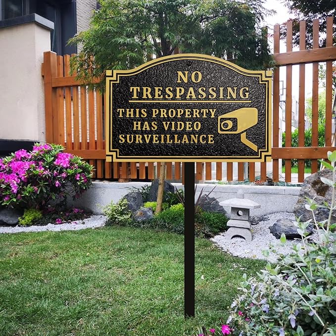 Morgtta No Trespassing - This Property Has Video Surveillance,Home Security Camera Sign with Stakes, Heavy Duty Material, Embossed Letters, 11.5"×7.5” with 31.5" Post and Upgraded Stainless Screws