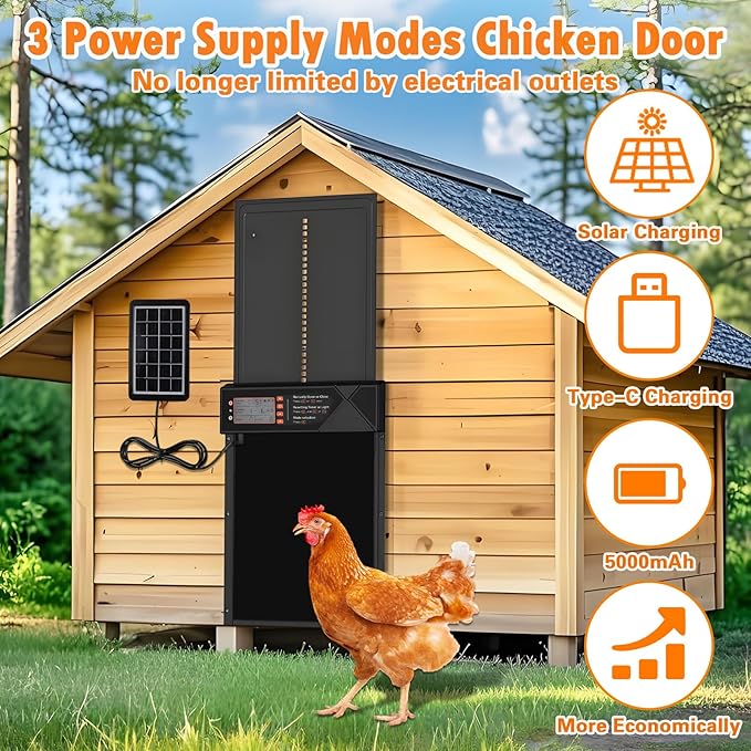 Automatic Chicken Coop Door Solar Powered, Aluminum Alloy Automatic Chicken Door with Large Size, 4 Modes, Timer & Light Sensor, Anti-Pinch Safety Design, LCD Display, Remote Control, Weatherproof