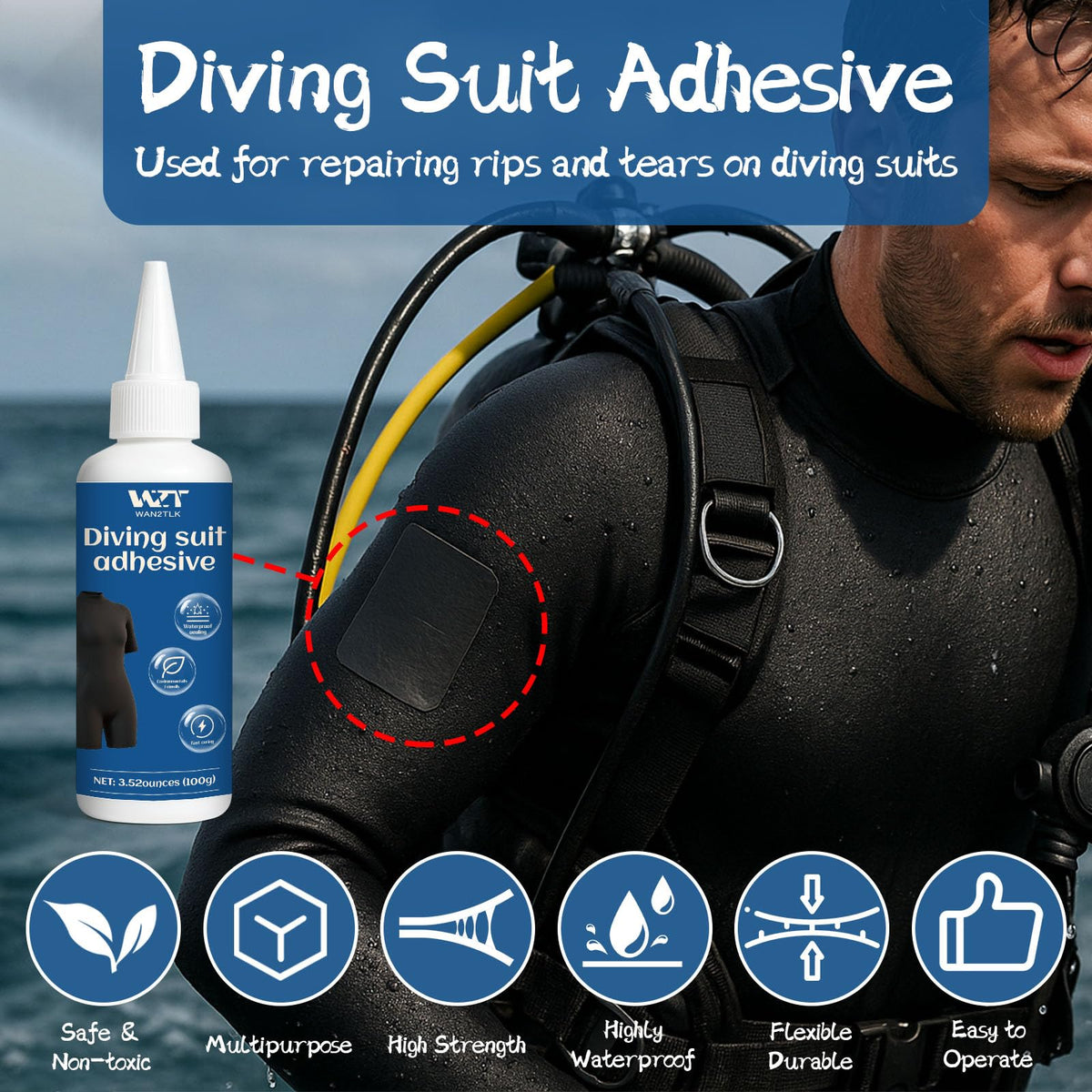 WAN2TLK Wetsuit Repair Kit, 100g Wetsuit Glue & Applicator, Quick Permanent Fix Wader Patch Kit for Wetsuits, Neoprene, Diving Suits, Waders