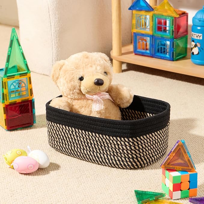 Small Storage Baskets for Organizing | Closet Organizer Bins | Shelf Toy Basket | Woven Rope Baskets | Cube Decorative Box | Shallow Basket | 11.5x7.5x4.7” | 3 Packs Black Brown
