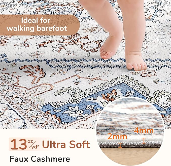 OPPODREAM Thin 6x9 Area Rugs, Neutral Washable Rug 6x9 with Non Slip Backing, Faux Cashmere Low-Pile 6 x 9 Carpet, Cream White & Blue & Light Brown