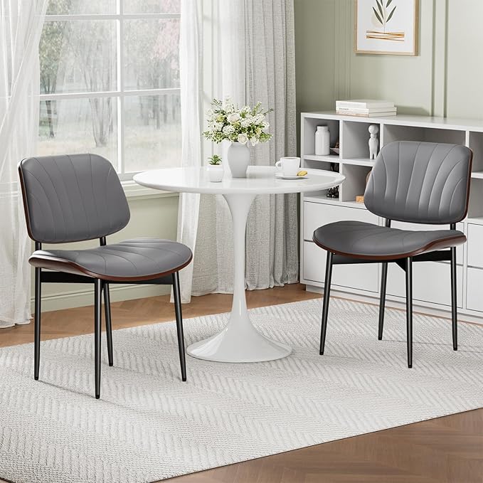 Dining Chairs Set of 2, Mid-Century Modern Upholstered PU Leather Chairs with Walnut Back and Metal Legs Adjustable Feet for Kitchen Dining Room, Dark Gray Shell Strips