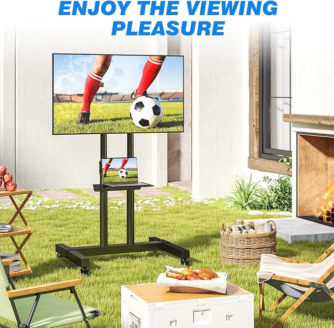 Rfiver Mobile TV Cart Rolling TV Stand for 32-83 Inch Screens up to 110lbs, Portable TV Stand on Wheels with Height Adjustable Shelf, Outdoor TV Stands Mount for Home Office MAX VESA 600x400mm, Black