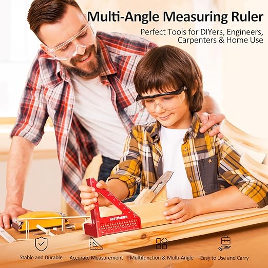 3.8＂Mini 3D Multi-Angle Measuring Square Ruler, WT102A High Precision Hole Scribing Woodworking Tools, 0-90° Aluminum Alloy Carpenter Square Wood Working Tools, Carpenter Pencils 6 Refills.