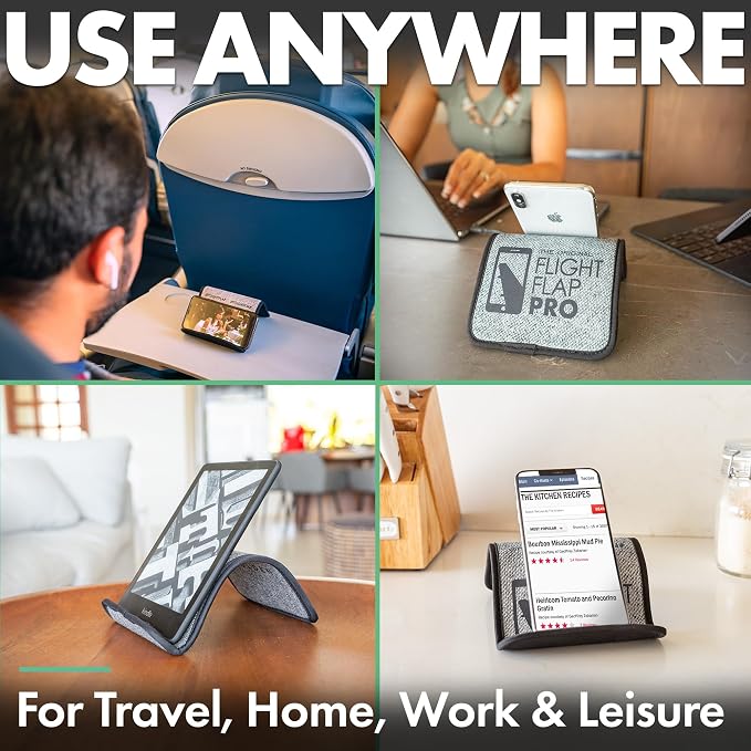 Flight Flap Airplane Tablet Holder Flexible Cell Phone and Tablet Holder Extra Large 12x7” Folding Cellphone Stand for Desk Kindle Bed Airplane Gadgets Long Travel Essentials (Black)