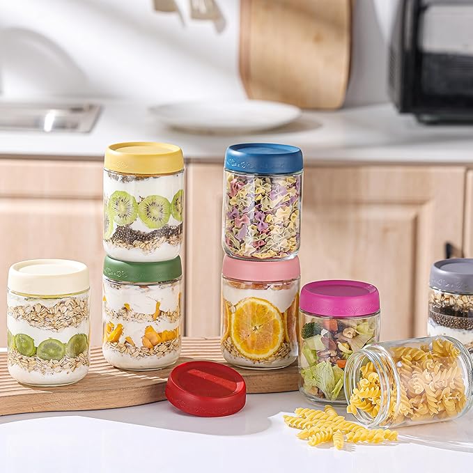 18 OZ 8Pack, Overnight Oats Jars with Lids, Glass Meal Prep Containers, Airtight Mason Jars for Breakfast, Yogurt Parfait, Salad & Smoothies, Leakproof and Reusable Food Storage Jars(8Pack)
