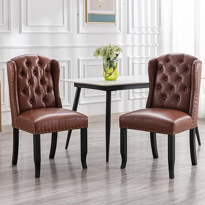 DUOMAY Modern Tufted Dining Chairs Set of 2, PU Leather Upholstered Dining Room Chairs Armless Guest Side Chair for Kitchen Dining Room, Wingback Accent Chairs with Solid Wood, Brown