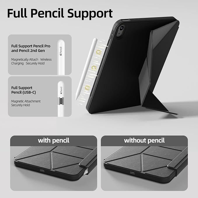 kenke Case for iPad Air 11'' M4/M3/M2 Air 10.9'' 5th/4th Gen Black | Detachable Rotating 360° Magnetic Clear Back Multi-folding Stand Cover Pencil Holder Auto Wake/Sleep Touch ID