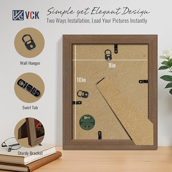 VCK 8x10 Brown Picture Frames 3 Pack, High-End Wood Wide Border Poster Frame,Tabletop & Wall Hanging, Multi-Directional Display Family Photos, Office Prints, Studio/Gallery/Home Artwork