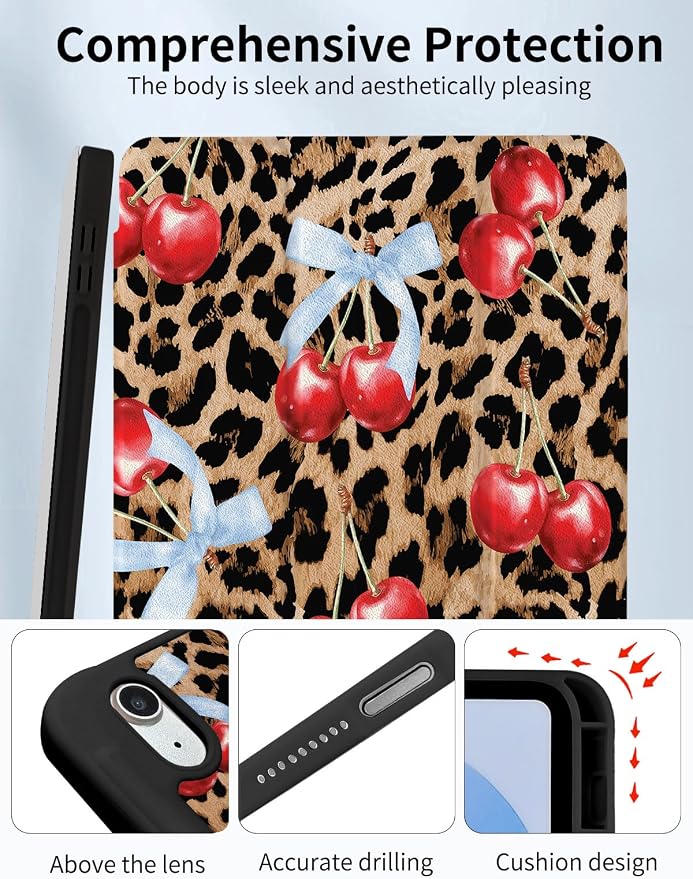 Case for iPad 9th/ 8th/ 7th Generation Case 10.2&amp10.5 Inch (2021/2020/2019 Release) Slim Lightweight Soft Trifold Back Cover with Pencil Holder &amp Auto Sleep/Wake Cover Cherries Cheetah Bows
