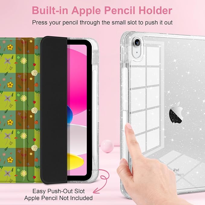 MEEgoodo Case for iPad A16 11th Generation 2025/10th Generation 2022 Glitter Tablet Cases with Transparent Acrylic Back+Trifold Stand +Pencil Holder+Auto Wake/SleepAbstract Sun &amp Palm Tree