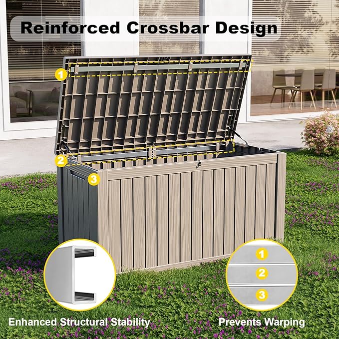 Vixzen 150 Gallon Resin Deck Box, Lockable Outdoor Storage Box for Patio Cushions Storage Furniture,Garden Tools, Pool Supplies, Weatherproof and UV Resistant- Light Brown