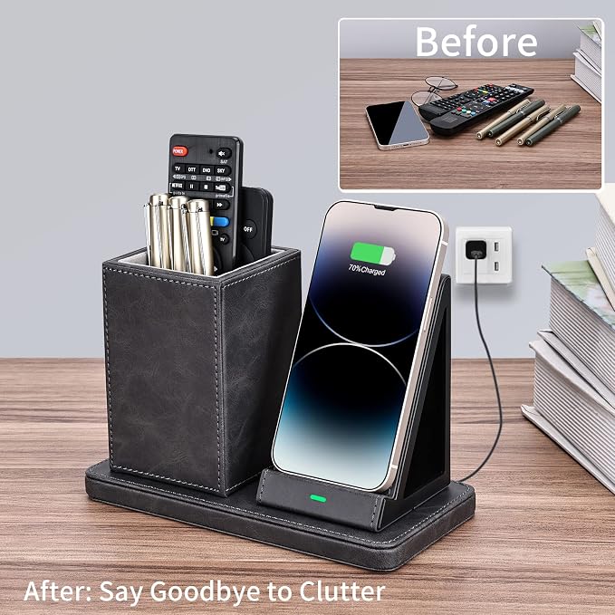 Wireless Charger with Desk Organizer Wireless Charging Station for iPhone 13/13 Pro Max/13 Pro/12 Series/11/XS Max/XR/X/8Plus/SE 2 Wireless Charging Stand with Leather… (Black)