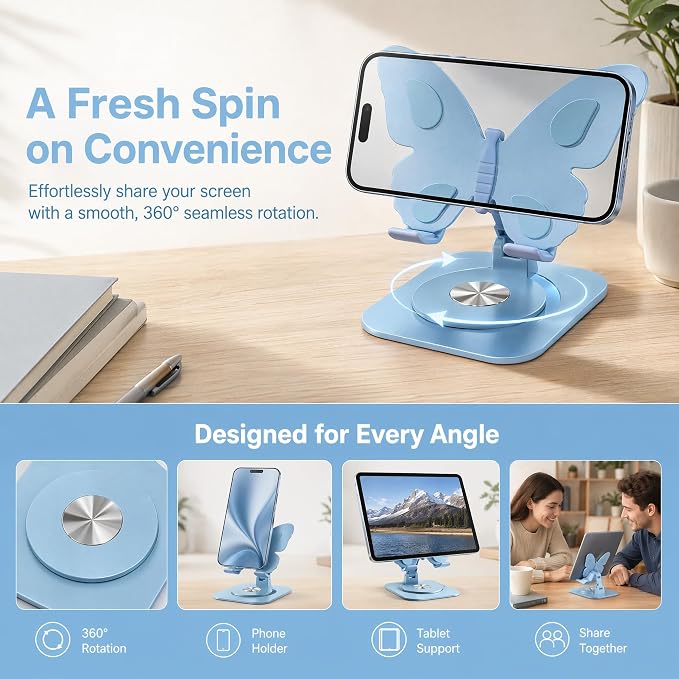 Butterfly Cell Phone Stand for Desk Aluminum Alloy 360° Rotating Phone Holder Height &amp Angle Adjustable Foldable Desktop Dock Universal Anti-Slip for Smartphones Tablets Home Office Travel