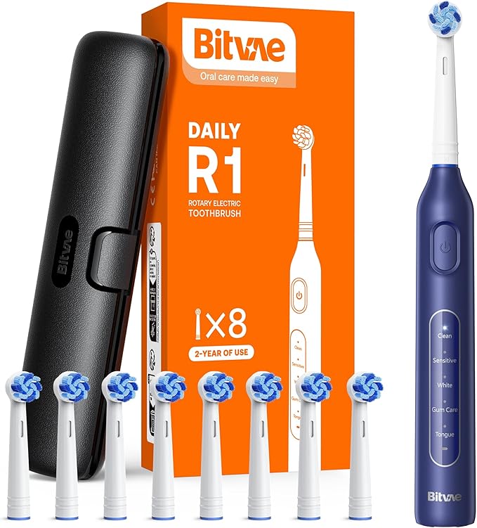 Bitvae R1 Rotating Electric Toothbrush with 8 Brush Heads for Adults and Kids, 60-Day Battery Life, 5 Modes Rechargeable Power Toothbrush with 2-Minute Smart Timer, Dark Blue