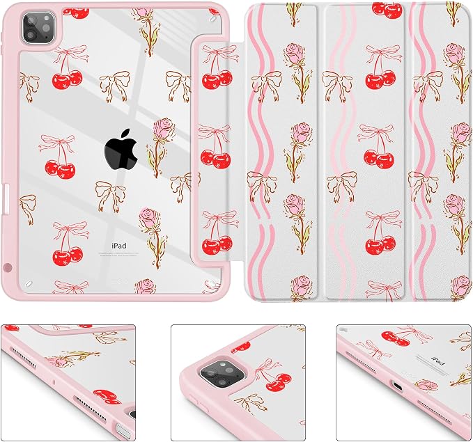 Case for iPad 12.9 Inch (6th/5th/4th/3rd Generation 2022/2021/2020/2018) Pencel Holder + Trifold Support Auto Sleep/Wake Transparent Shockproof Back Cover Abstract Floral SD163