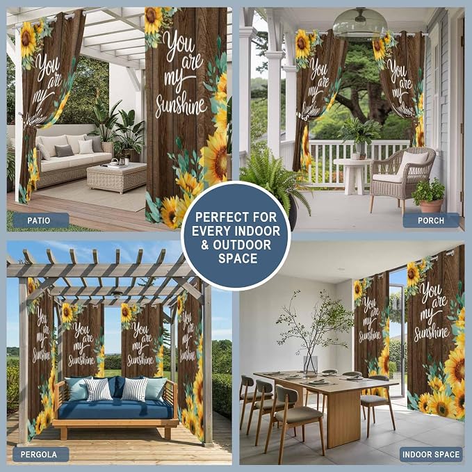 Summer Outdoor Curtains for Patio Sunflowers Eucalyptus Leaves Wood Waterproof