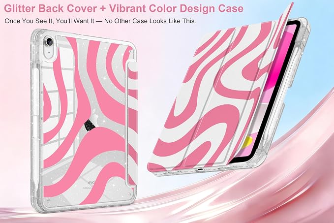 MEEgoodo Case for iPad A16 11th Generation 2025/10th Generation 2022 Glitter Tablet Cases with Transparent Acrylic Back+Trifold Stand +Pencil Holder+Auto Wake/SleepAbstract Sun &amp Palm Tree