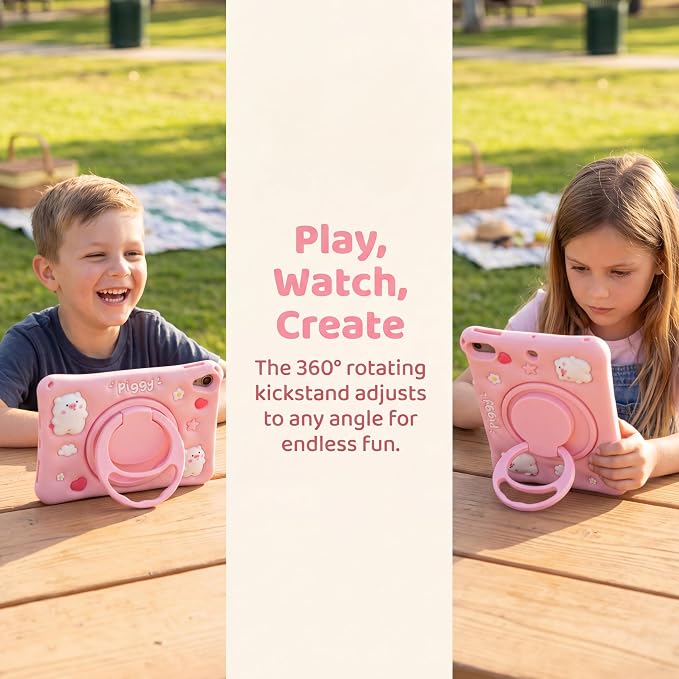 Case for iPad A16 11th / 10th Gen 10.9-Inch 3D Pig Cartoon | Cute Kawaii Cover with 360° Rotating Kickstand &amp Shoulder Strap Soft Silicone Shockproof Protective Case Pink