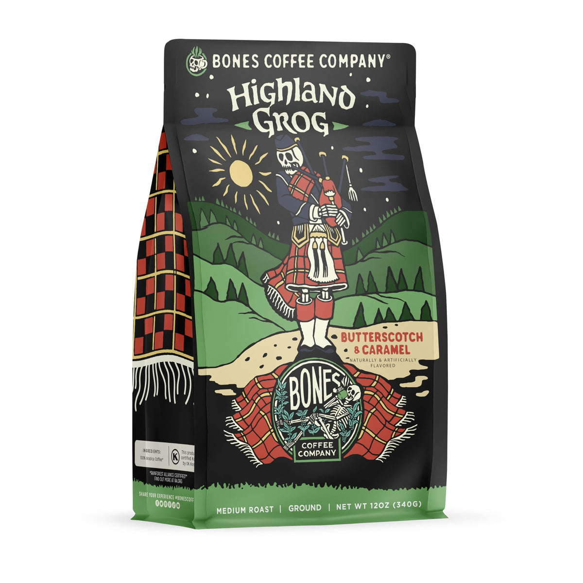 Bones Coffee Company Macamaniac, Macadamia and Coconut Flavored Coffee, Medium Roast Low Acid Arabica Beans Compatible with Auto drip and French Press Coffee Maker, 12 Oz Ground