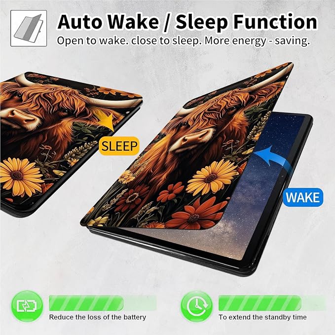 for Samsung Galaxy Tab A9 Plus Case 11 Inch 2024 2023 (SM-X210/X216/X218)360 Degree Rotating Smart Cover Case with Auto Sleep/Wake-Beautiful Highland Cow