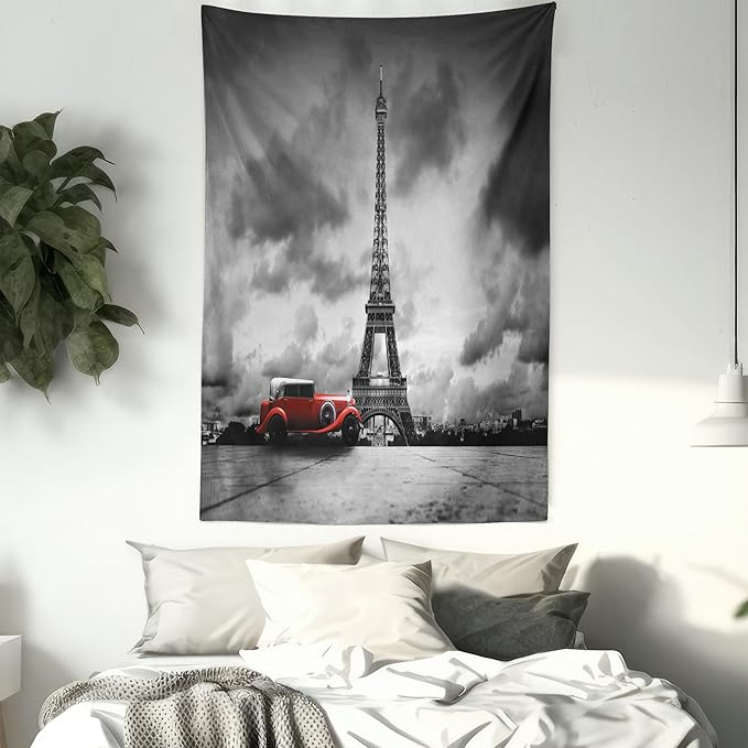 Ambesonne Eiffel Tower Tapestry Queen Size, Image of Eiffel Tower Paris France Vintage Car Street Dark Clouds, Wall Hanging Bedspread Bed Cover Wall Decor, 88" X 88", Black Red