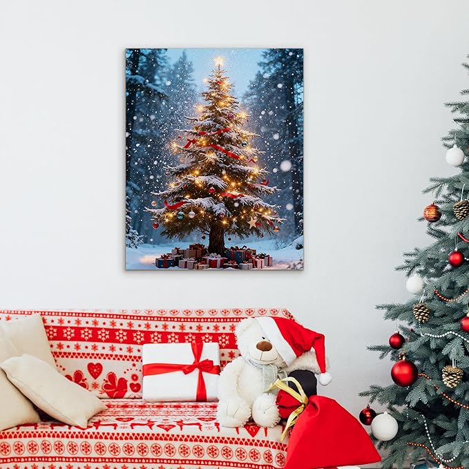 Framed Christmas Pictures Wall Decor,Vintage Pine Tree Prints,Winter Christmas Canvas Wall Art Decoration for Bedroom Bathroom Living Room Rustic Xmas Holiday Gifts (Christmas Tree 16, 16'' X 24'')