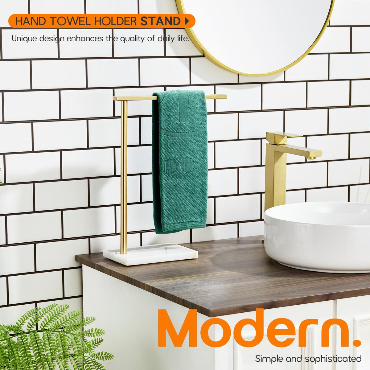 AONEON Hand Towel Bar for Bathroom Vanity Countertop 1-Tier Towel Holder Free Stand with Heavy Marble Base Thicken Steady, Gold Stainless Steel AN7002GD