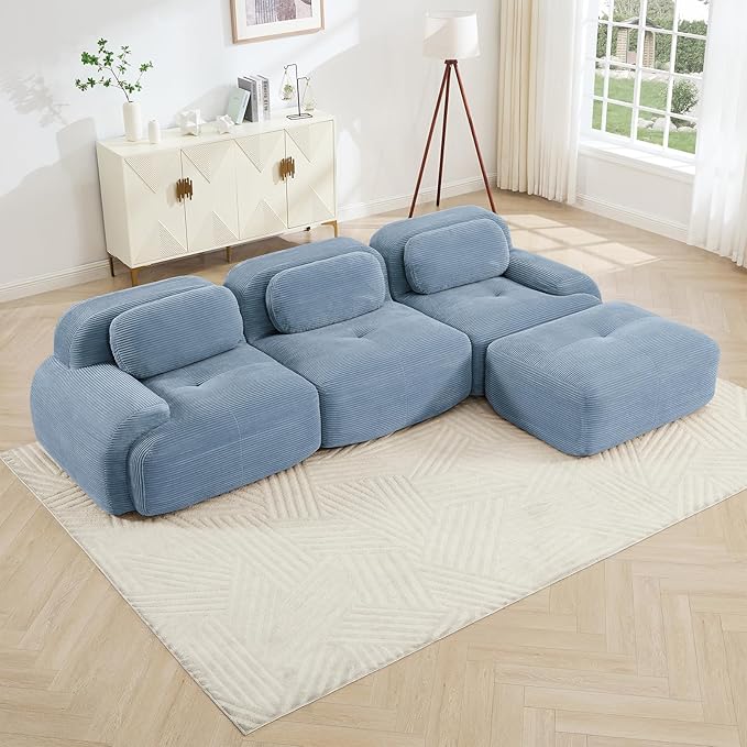 Blue Ottoman for Modular Sectional Sofa, Corduroy Deep Seat for Oversized Compressed Boneless Sectional Couches for Living Room Bedroom Apartment, Cloud Sofa Couch, Memory Foam, No Assembly